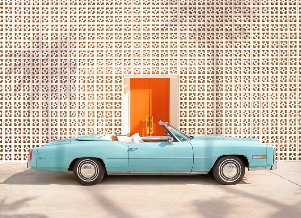 blue Cadillac parked at Parker Hotel Palm Springs breeze block wall fine art photography print by Paul Fuentes