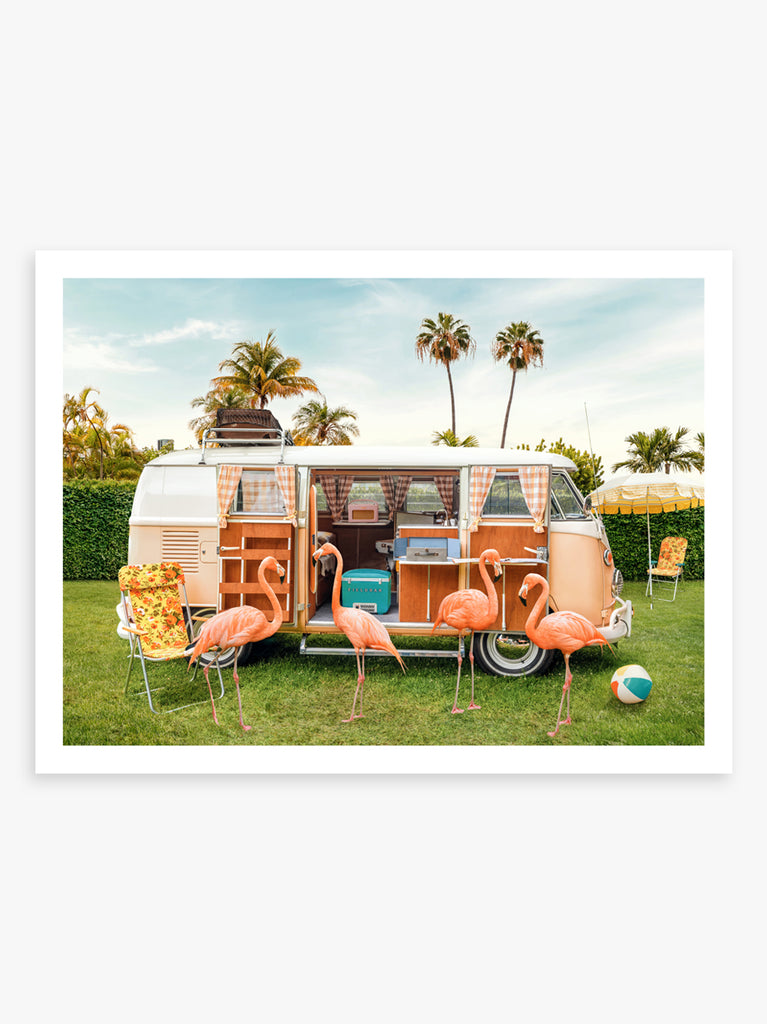 flamingos camping in a classic van with tropical vibes